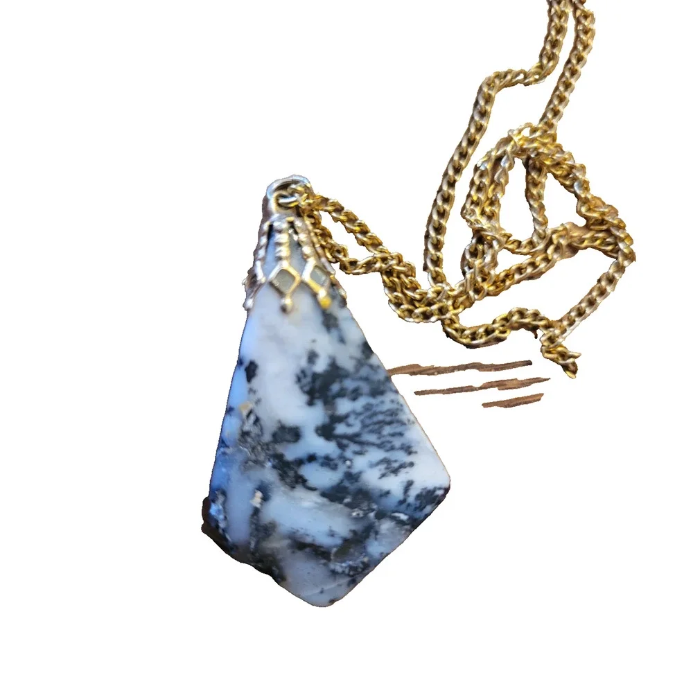 Vtg Estate Black Blue‎ Gemstone Agate Gold Tone Chain Jewelry Necklace Handmade